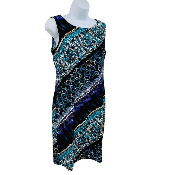 Connected Apparel Watercolor Blue Turquoise Geometric Design Sheath Dress - Picture 11 of 12